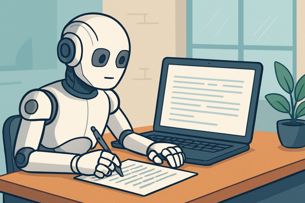 Robot writing an article at a computer