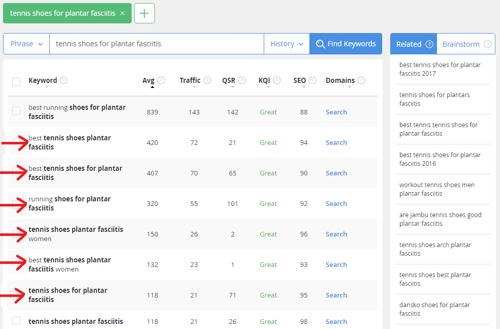 jaaxy search results for tennis shoes